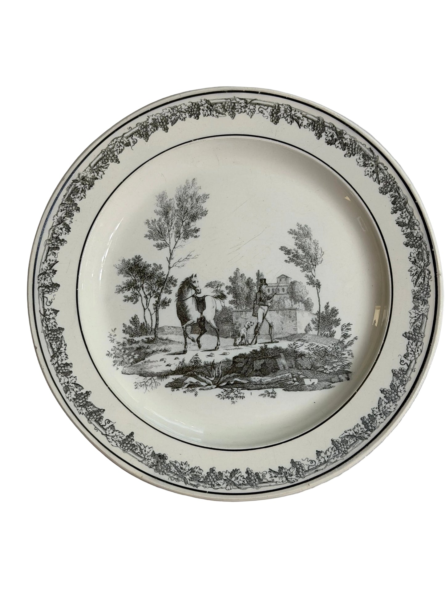 Antique French Creil Black Transferware Hunt Scene Plate with Hunter, Horse & Hound, 8.25”
