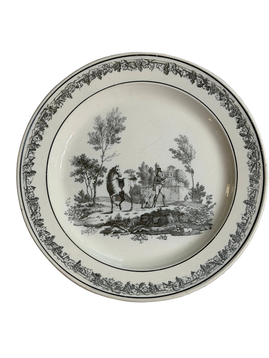 Antique French Creil Black Transferware Hunt Scene Plate with Hunter, Horse & Hound, 8.25”