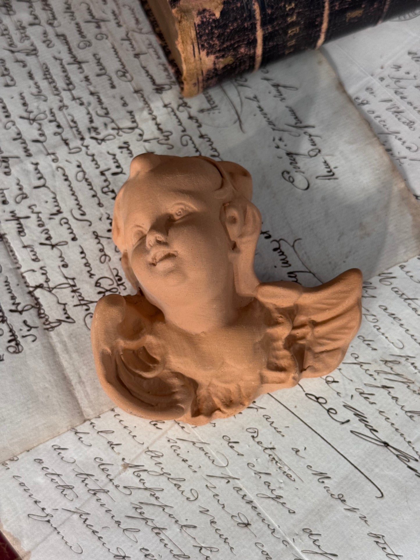 Handcrafted Florentine Terracotta Cherub with Raised Wings