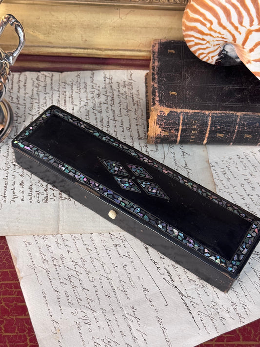 Antique Black Lacquer Desk Box with Iridescent Abalone Inlay 8”