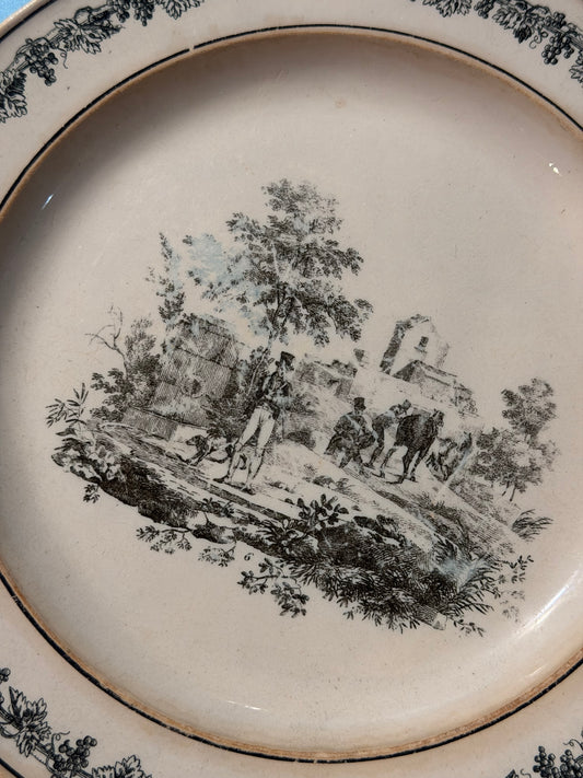 Early 19th Century French Creil Creamware Transferware Hunt Scene Plate