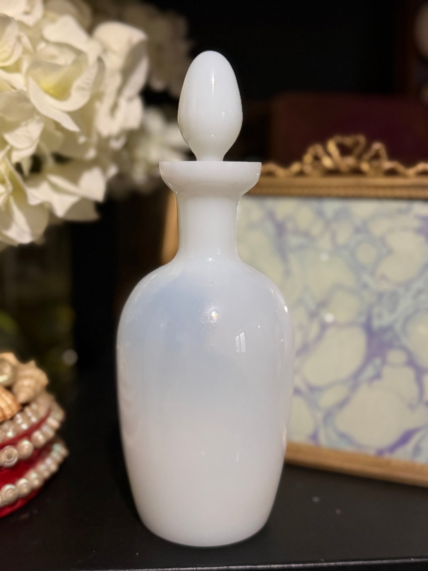 Reserved White Opaline Bottle, Pink Cartonnage, White Opaline Vase