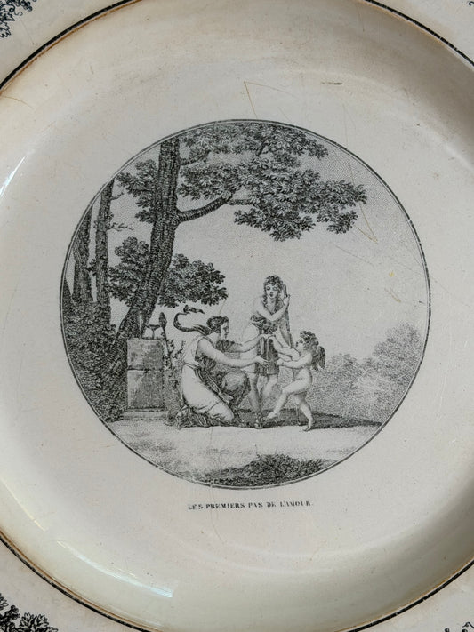 Antique French Creil Black Transferware Plate “Les Premiers Pas de l’Amour,” 11”