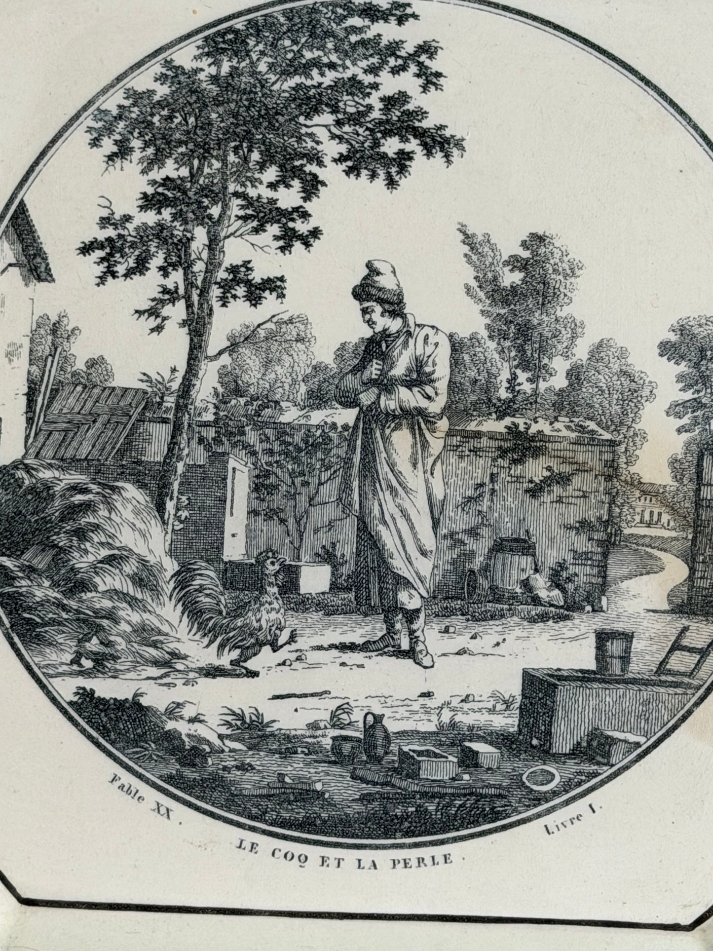 Early 19th Century French Creil Black Transferware Octagonal Plate | “Le Coq et la Perle” Fable | 8.5”