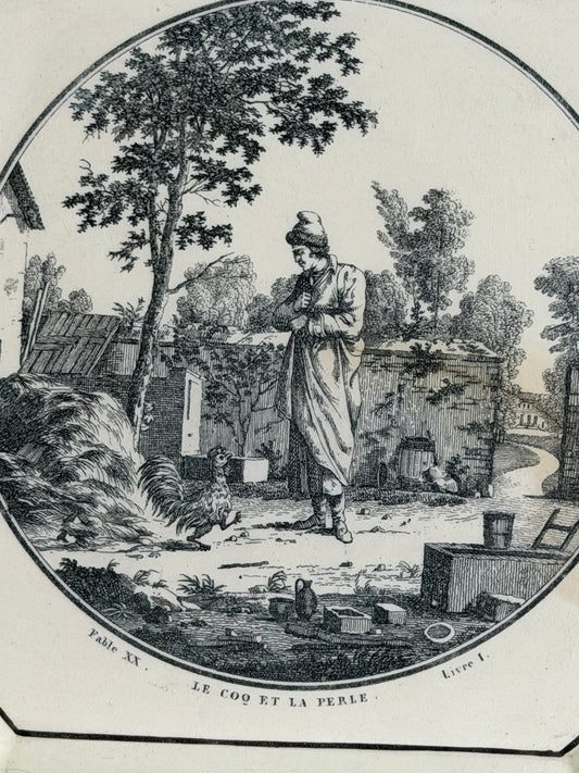 Early 19th Century French Creil Black Transferware Octagonal Plate | “Le Coq et la Perle” Fable | 8.5”