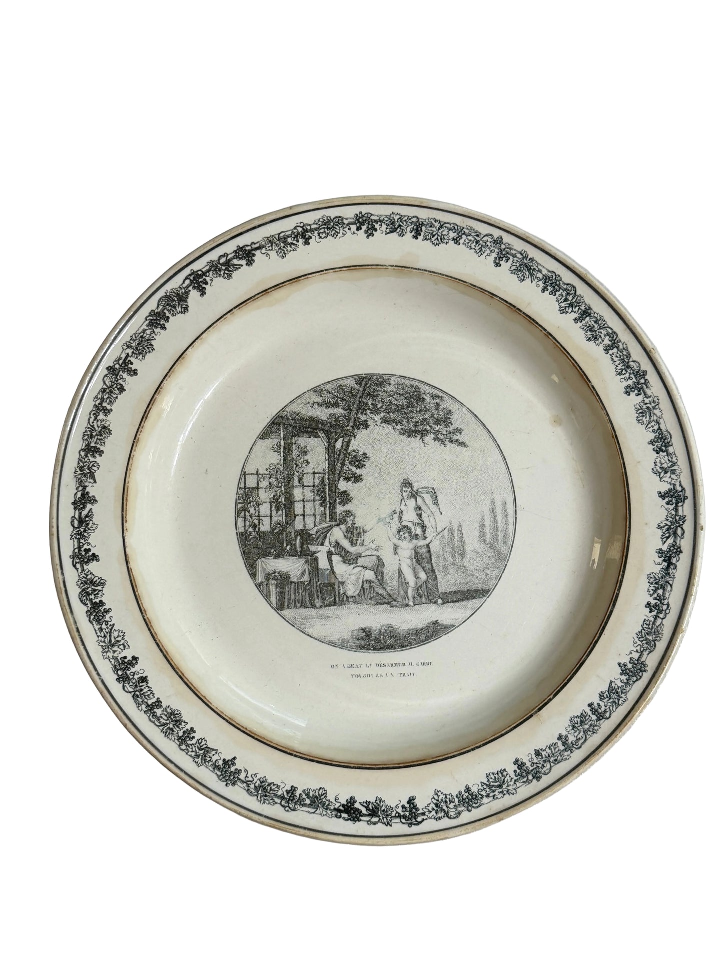 Antique French Creil Black Transferware Plate “On a Beau le Désarmer Il Garde Toujours un Trait,” 11”