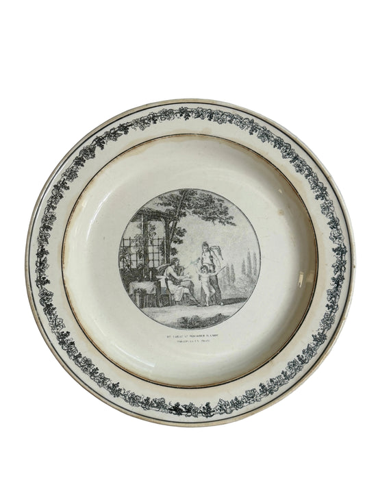 Antique French Creil Black Transferware Plate “On a Beau le Désarmer Il Garde Toujours un Trait,” 11”