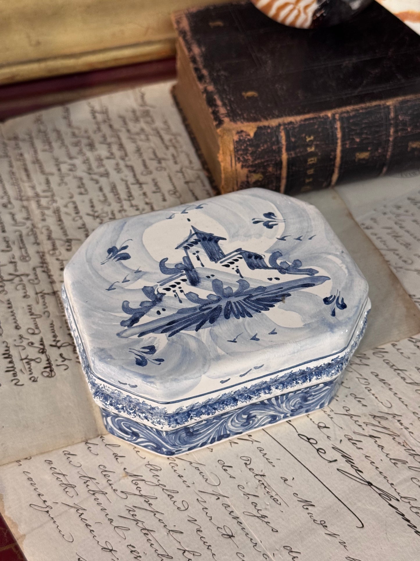 Hand-Painted Italian Blue and White Ceramic Keepsake Box