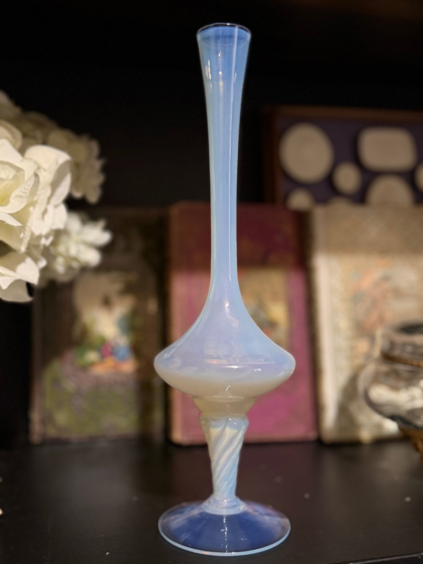 Reserved White Opaline Vase, Boule de Savon Bud Vase, Cartonnage Boom