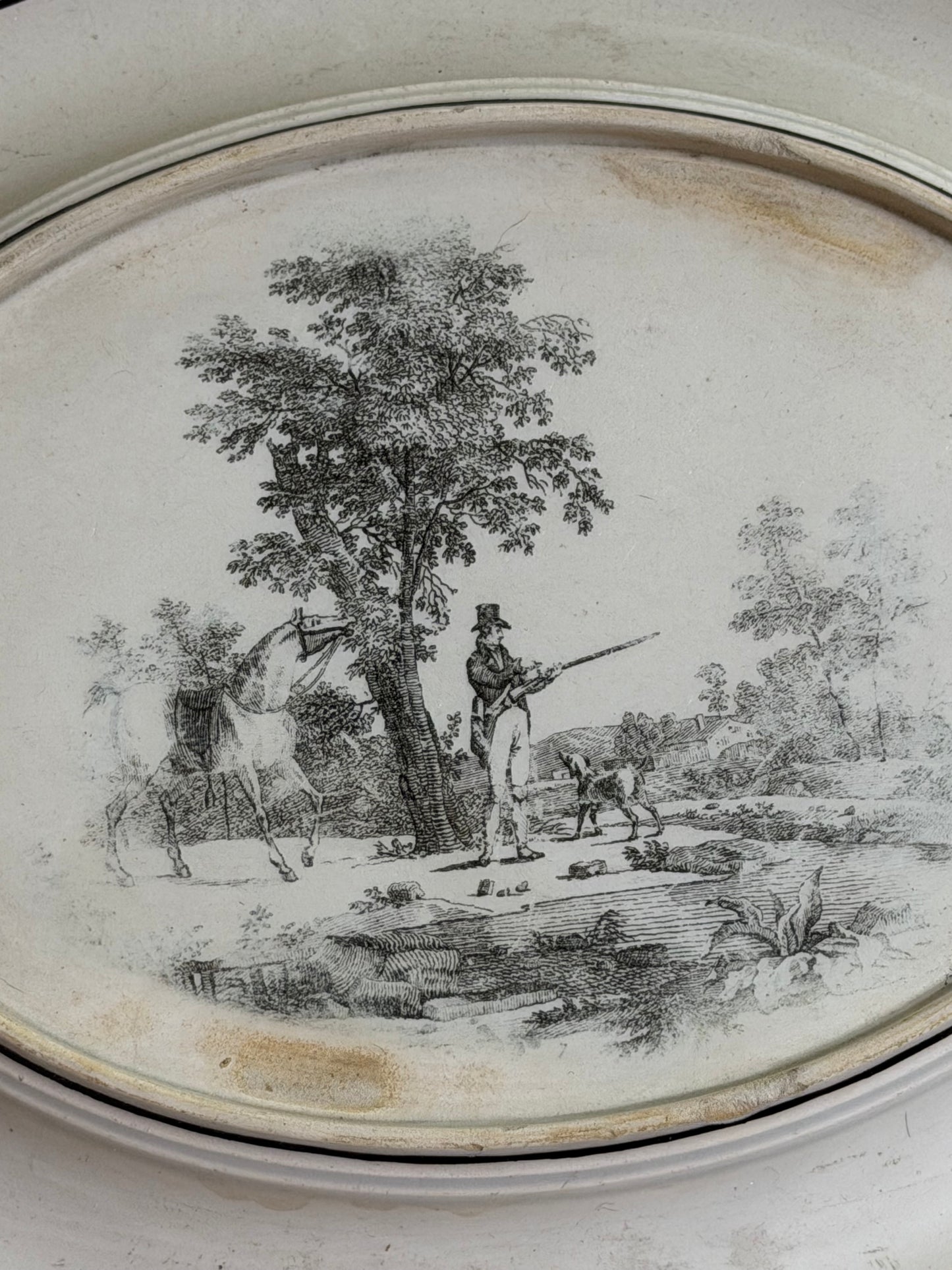 Rare Early 19th Century French Creil Hunt Scene Tureen with Original Undertray | Black Transferware