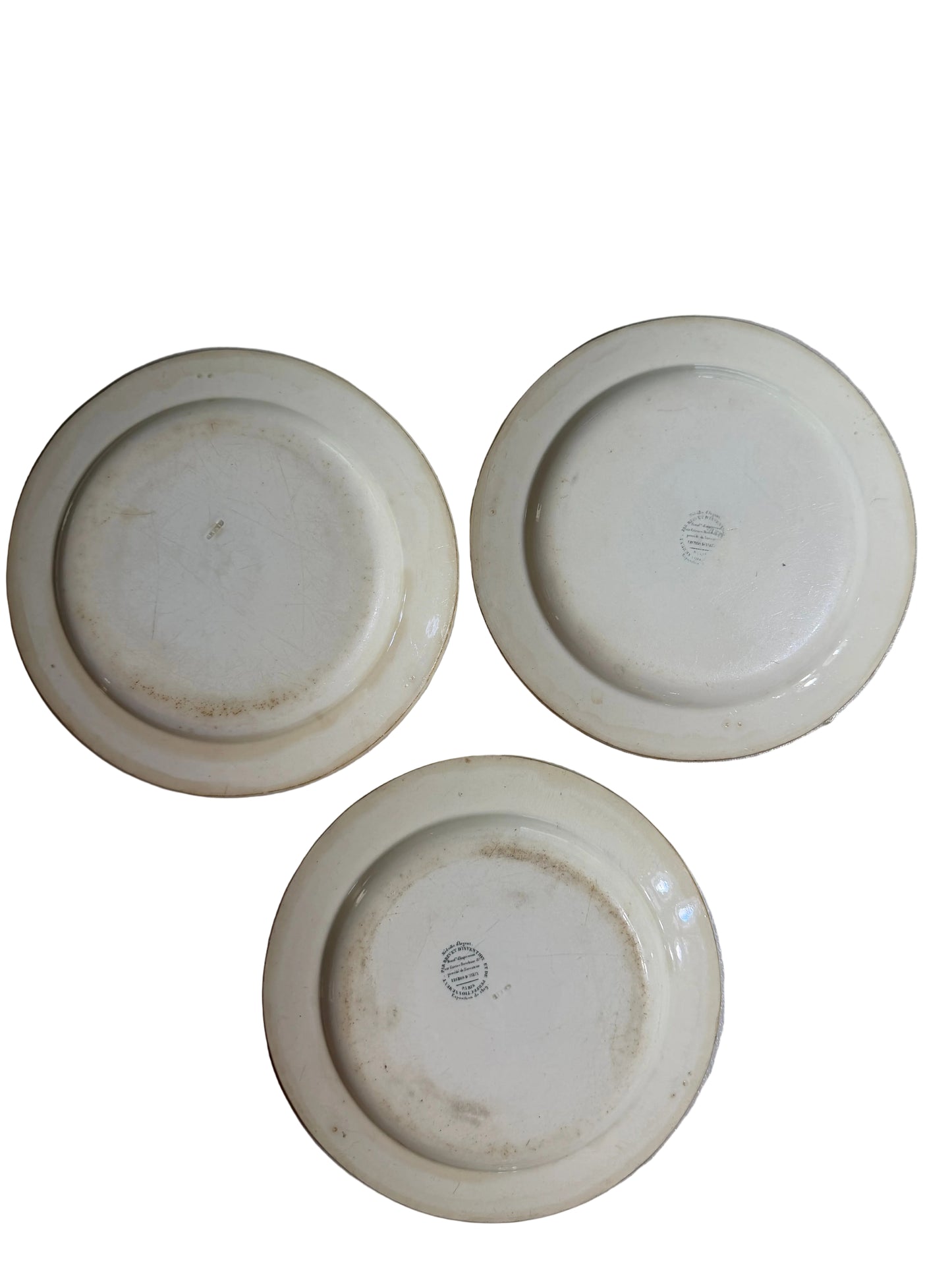 Set of Three Antique French Creil Black Transferware Paris Views Plates, 9.5”