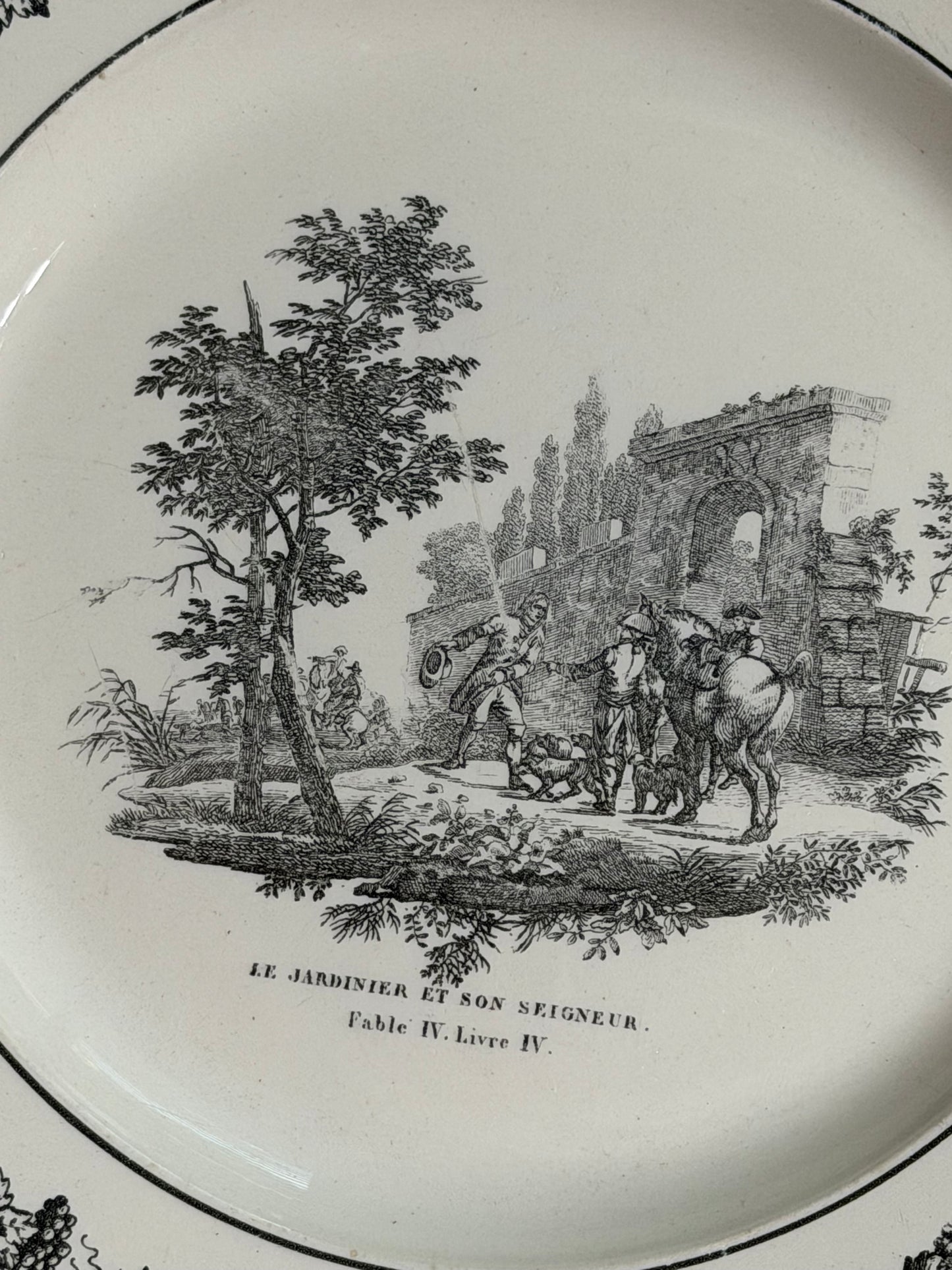 19th Century French Black Transferware Fable Plate “Le Jardinier et son Seigneur” | 8.25”
