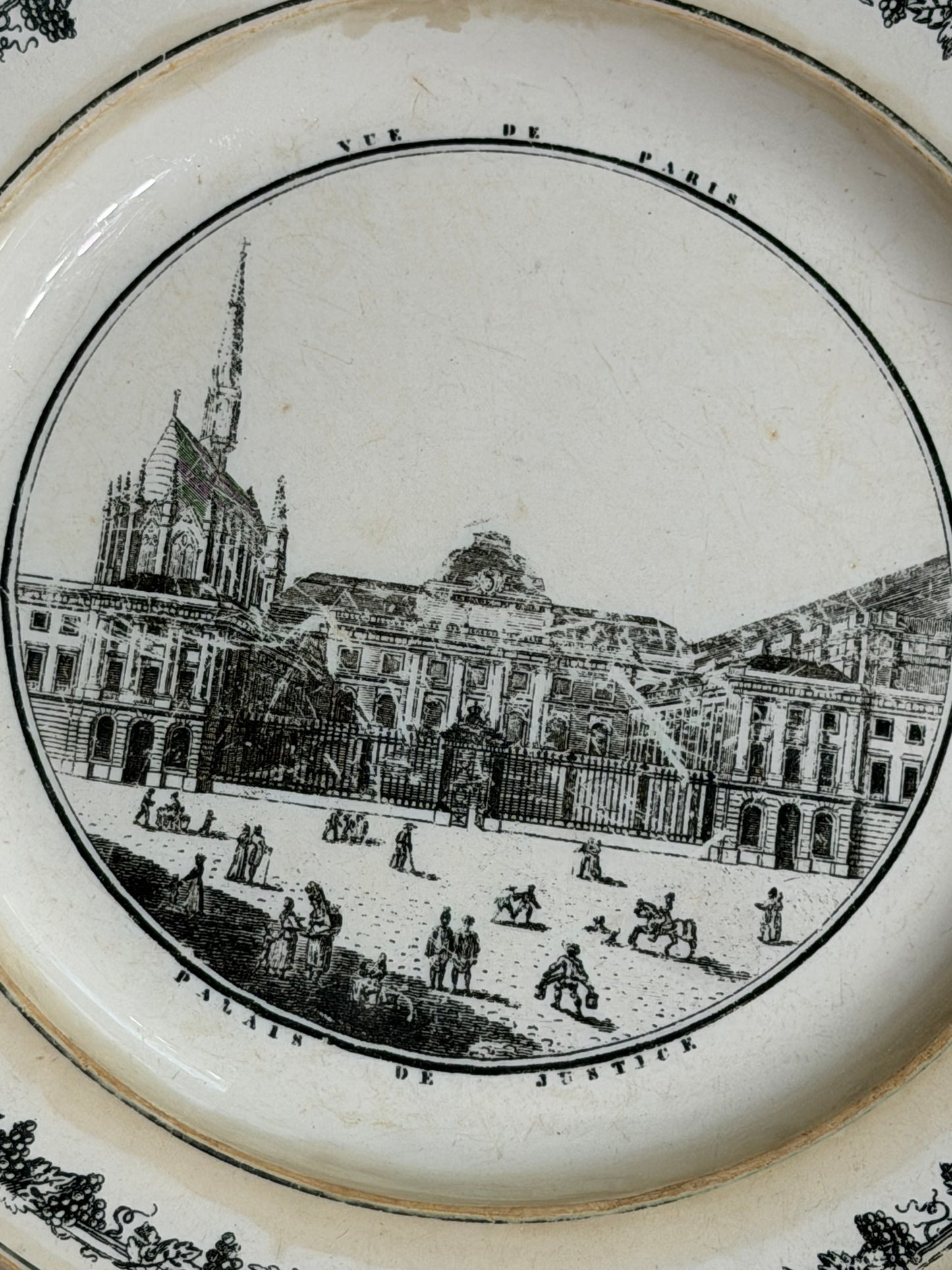 Set of Three Antique French Creil Black Transferware Paris Views Plates, 9.5”