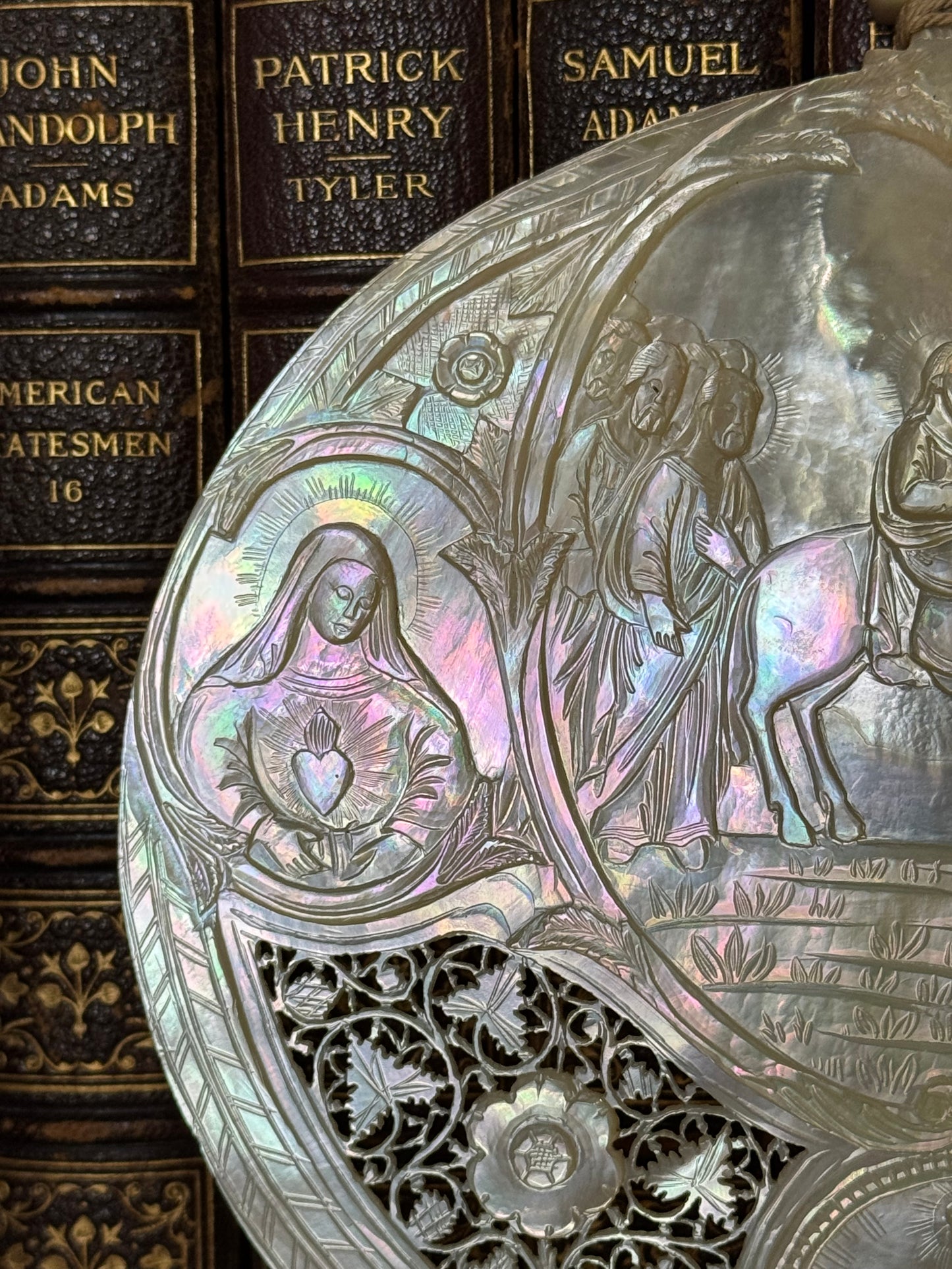 19th Century Intensely Carved Mother of Pearl Religious Devotional Shell