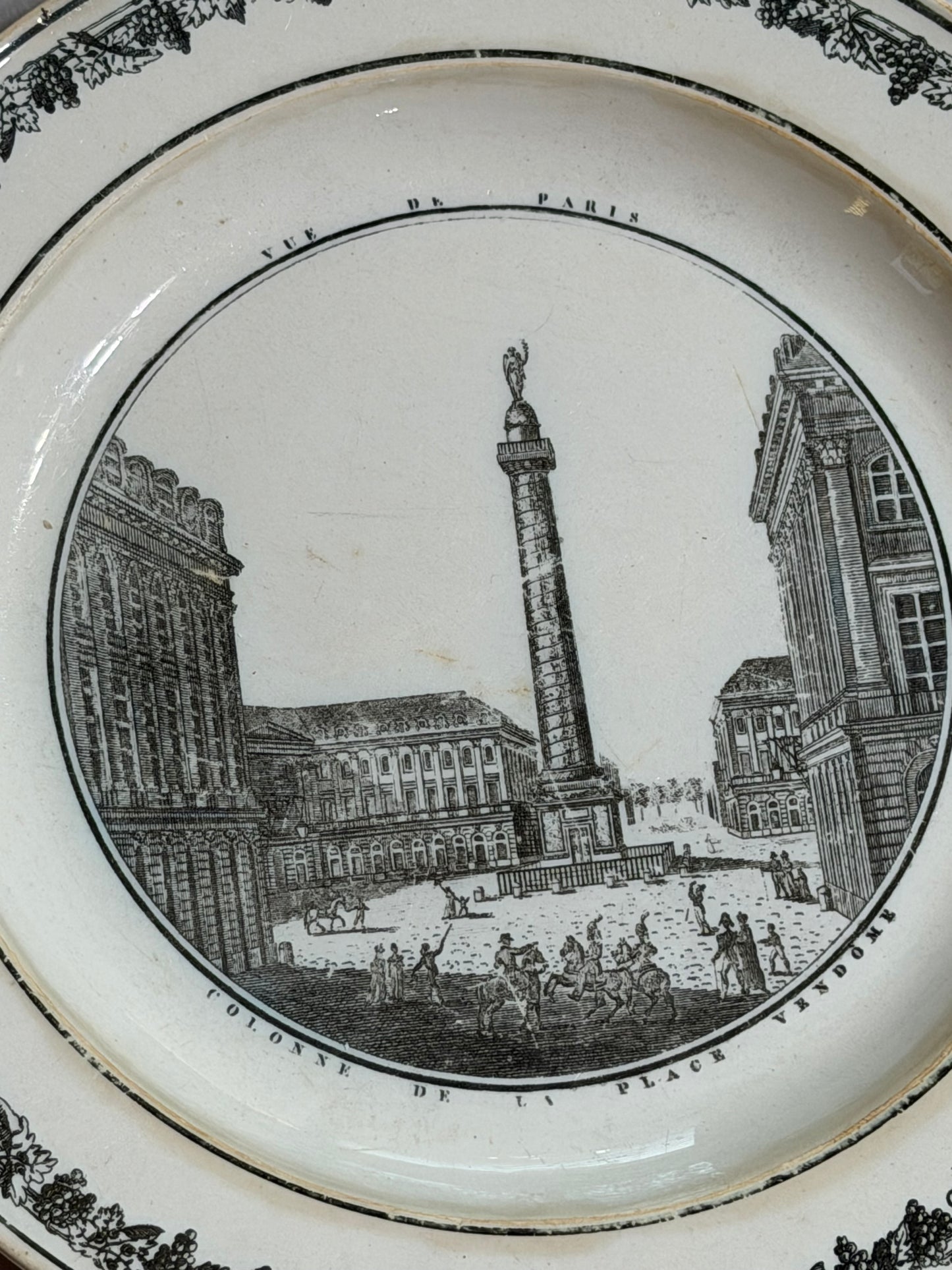 Set of Three Antique French Creil Black Transferware Paris Views Plates, 9.5”
