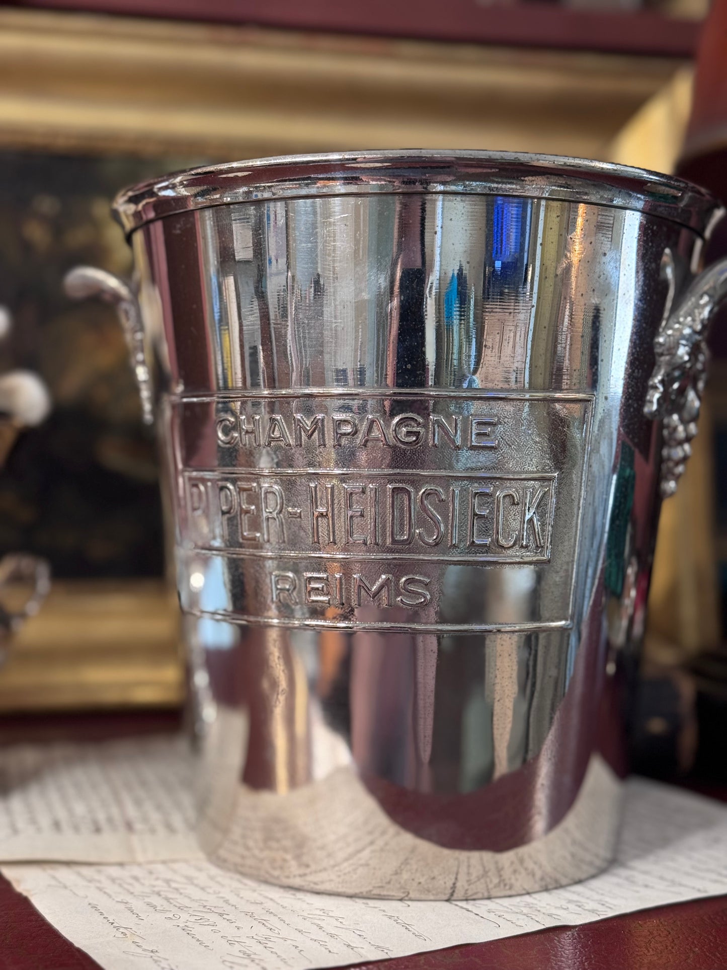 French Piper Heidsieck Champagne Bucket from Reims with Grape Motif Handles 9.5”