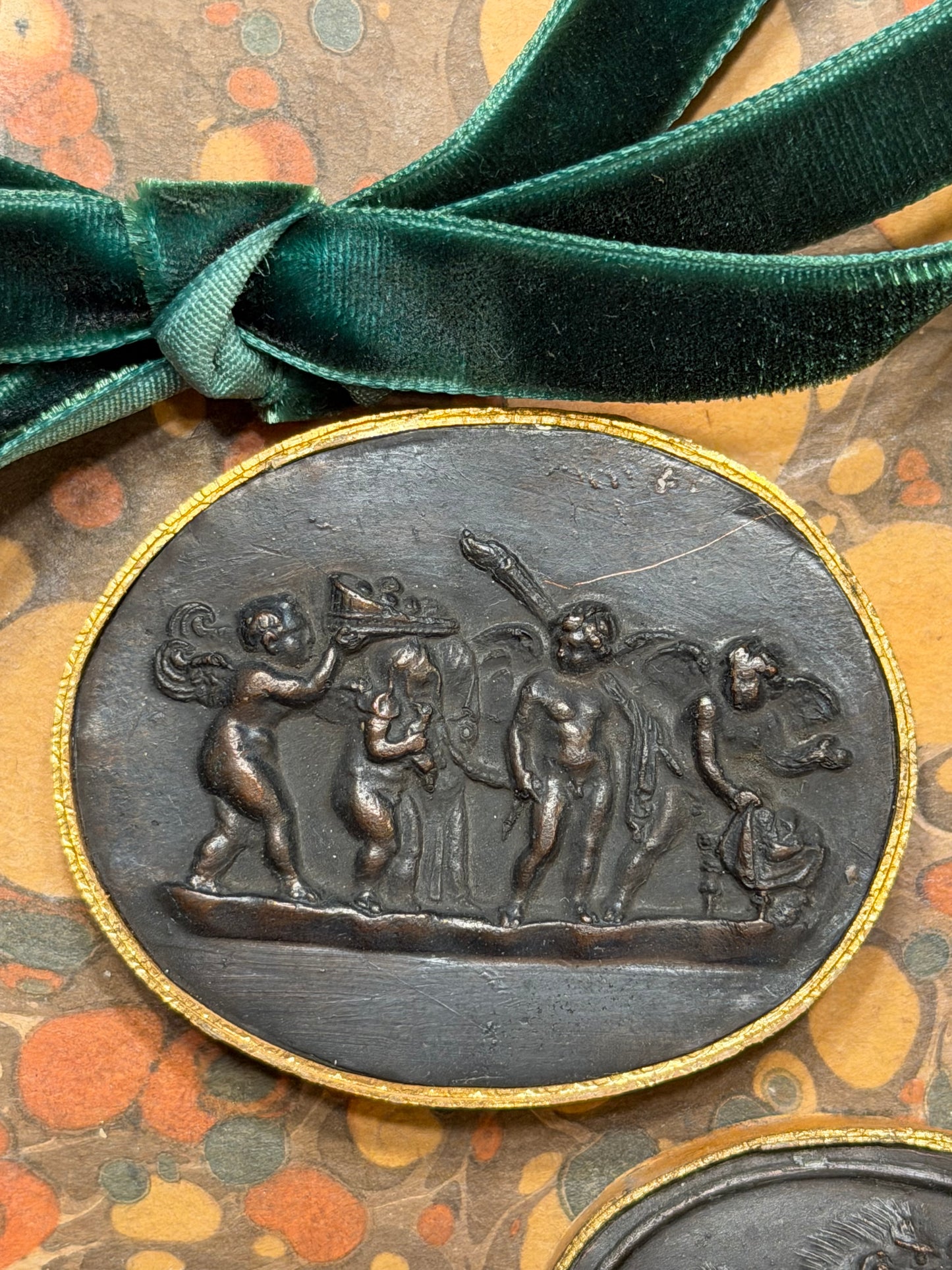 Reserved 19th c French Alabaster Pocket Watch Holder, 2 Trays Intaglios, Bronzed Intaglio of Cherubs, Tortoise Box