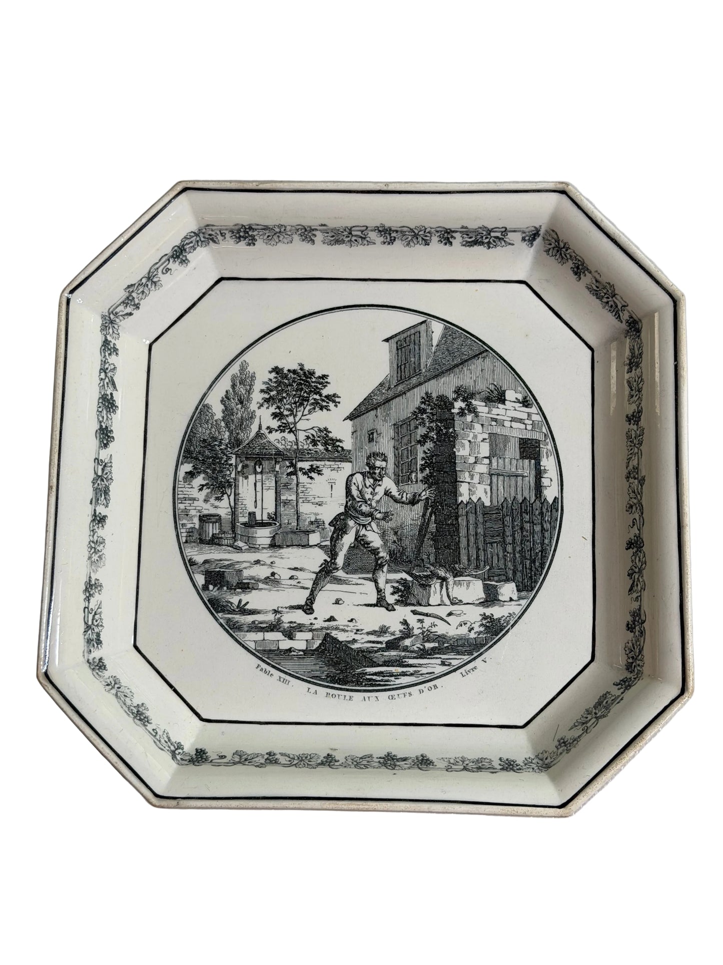 Early 19th Century French Creil Black Transferware Octagonal Plate  “La Poule aux Œufs d’Or” Fable 8.5”