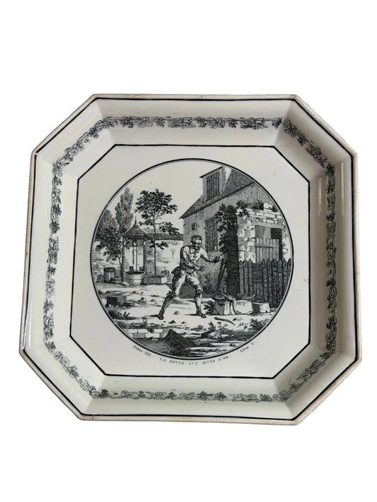 Early 19th Century French Creil Black Transferware Octagonal Plate  “La Poule aux Œufs d’Or” Fable 8.5”