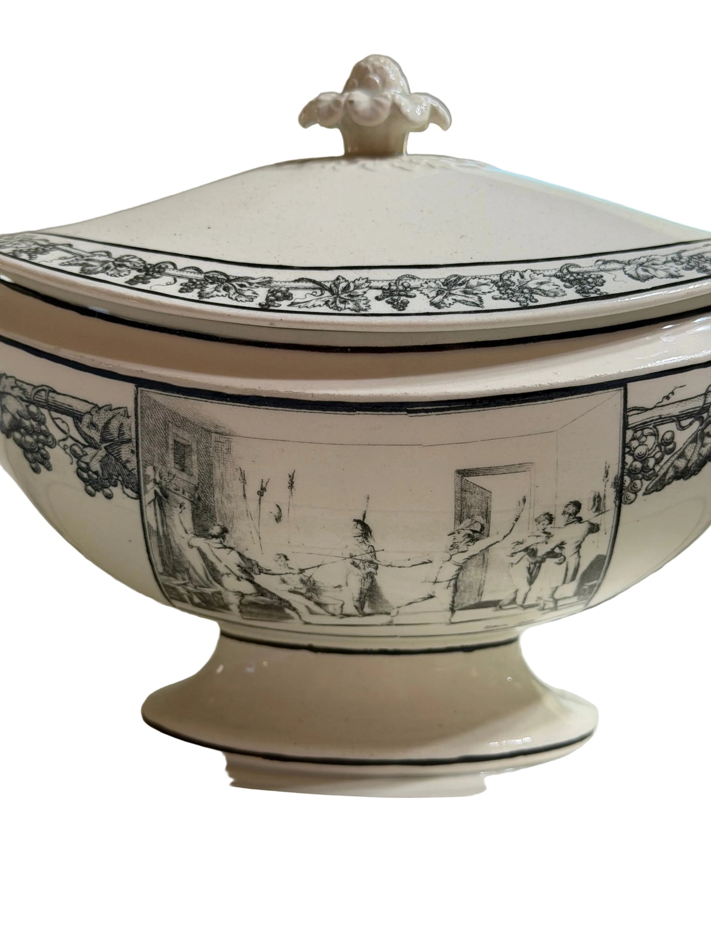 Antique French Creil Black Transferware Covered Sauce Tureen with Undertray, Genre Scenes, 10”