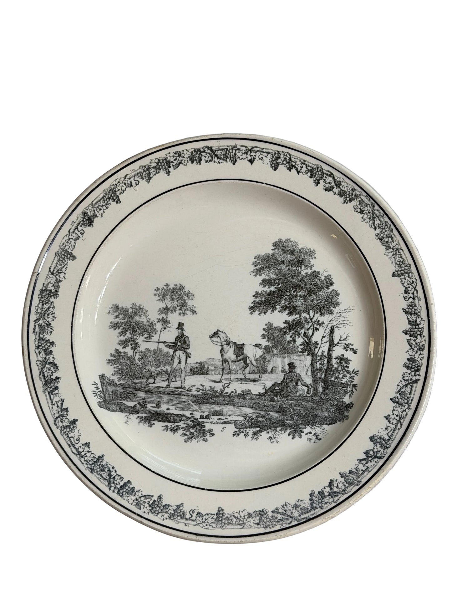 Early 19th Century French Creil Black Transferware Hunt Scene Plate with Hunter, Horse & Hound 8.25”