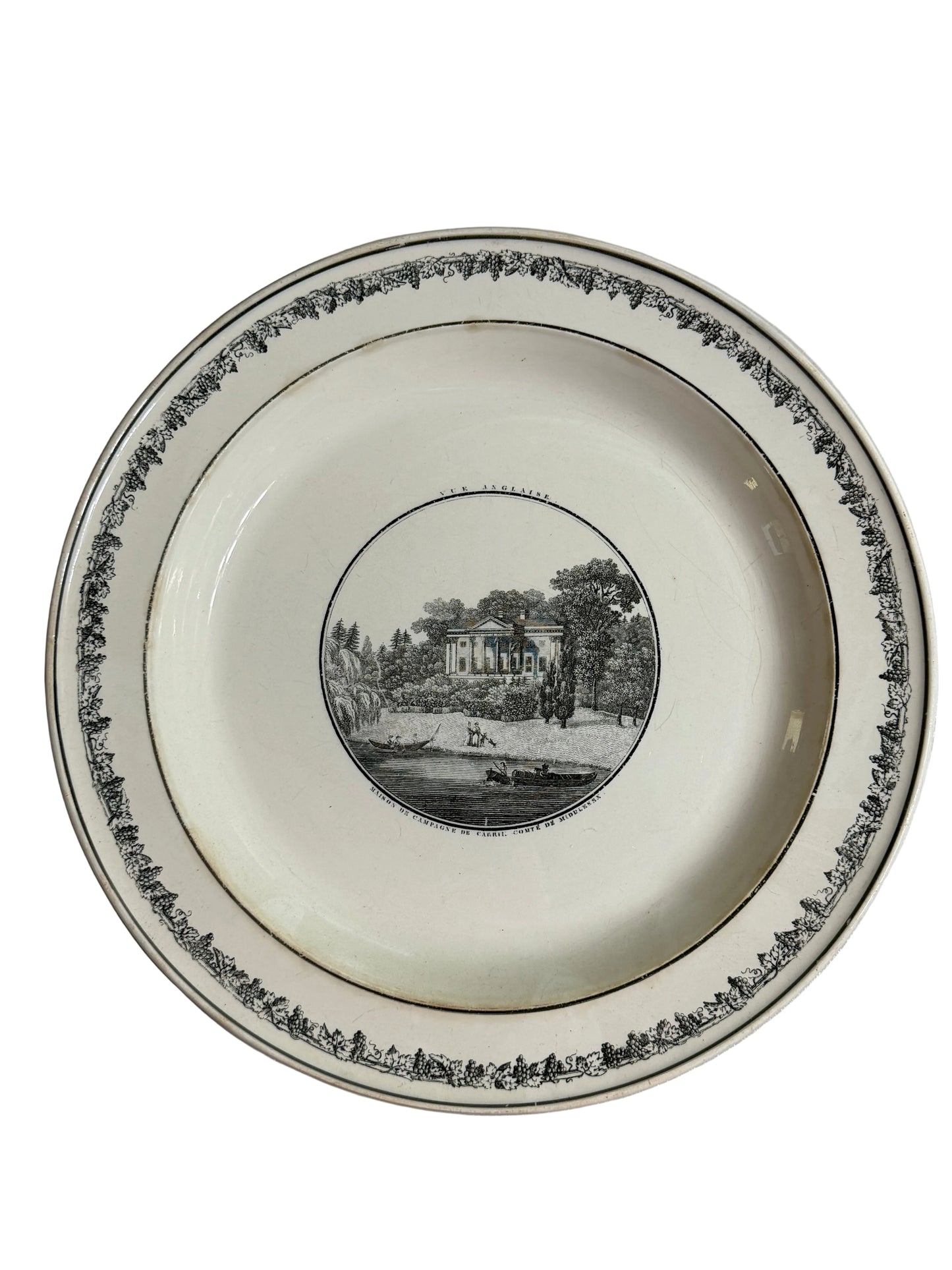 Antique French Creil Black Transferware Platter, Maison de Campagne de Carril, Comté de Medlenx, 13.25”