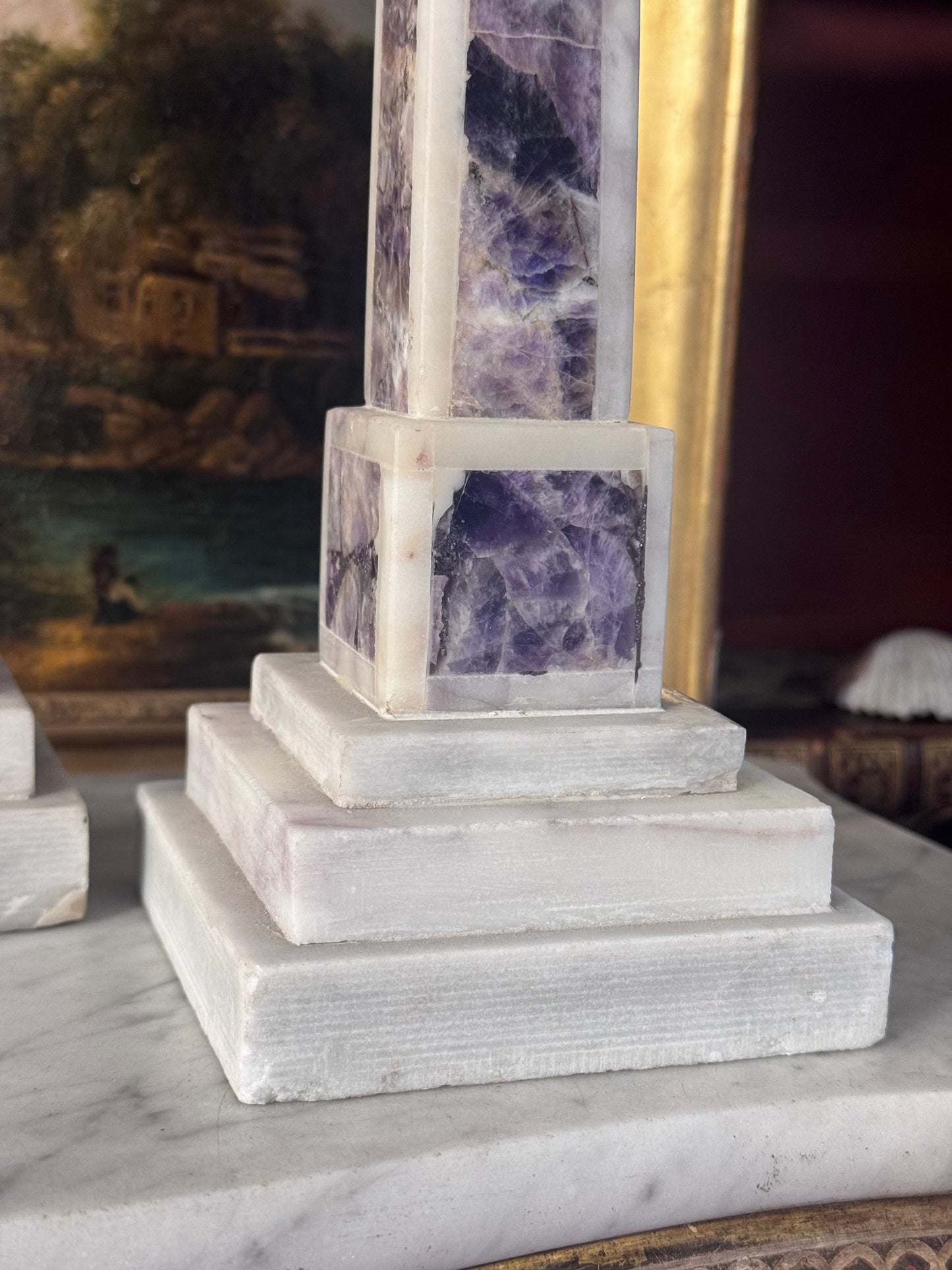 19th Century Italian Amethyst and White Marble Obelisks 16” Pair