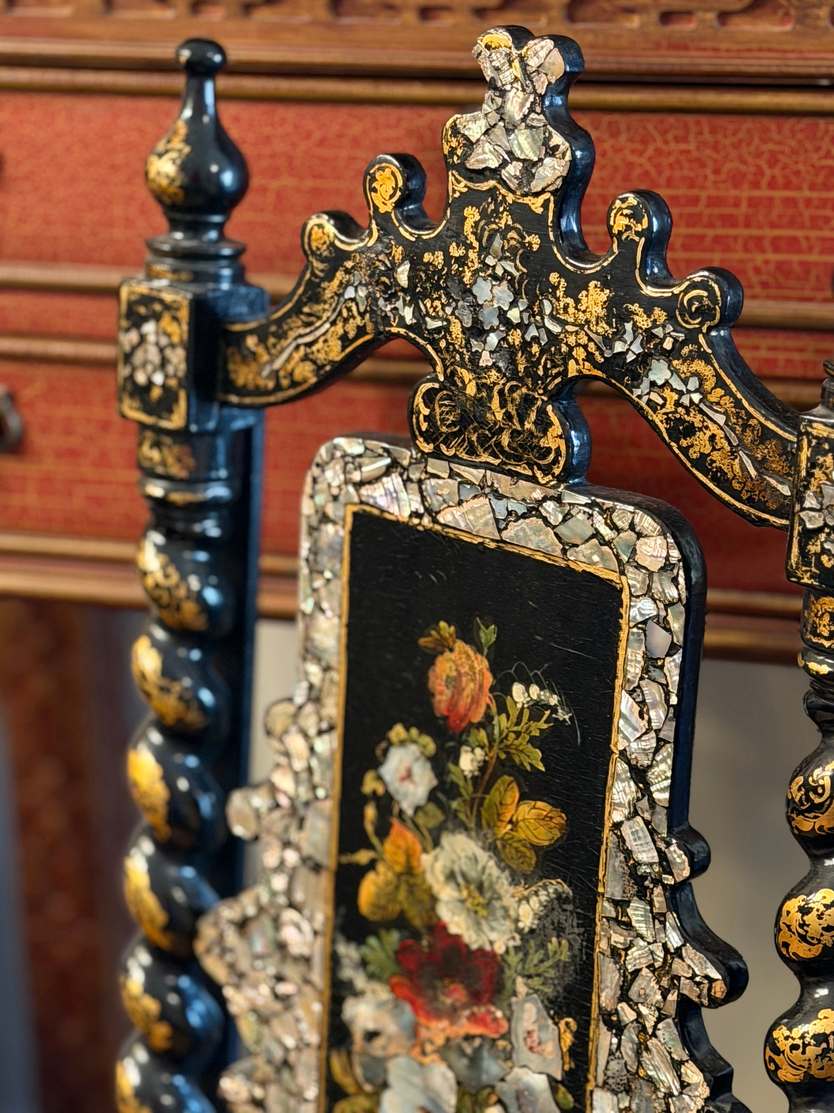 Earlier 19th Century English Papier Mâché & Mother of Pearl Low Chair