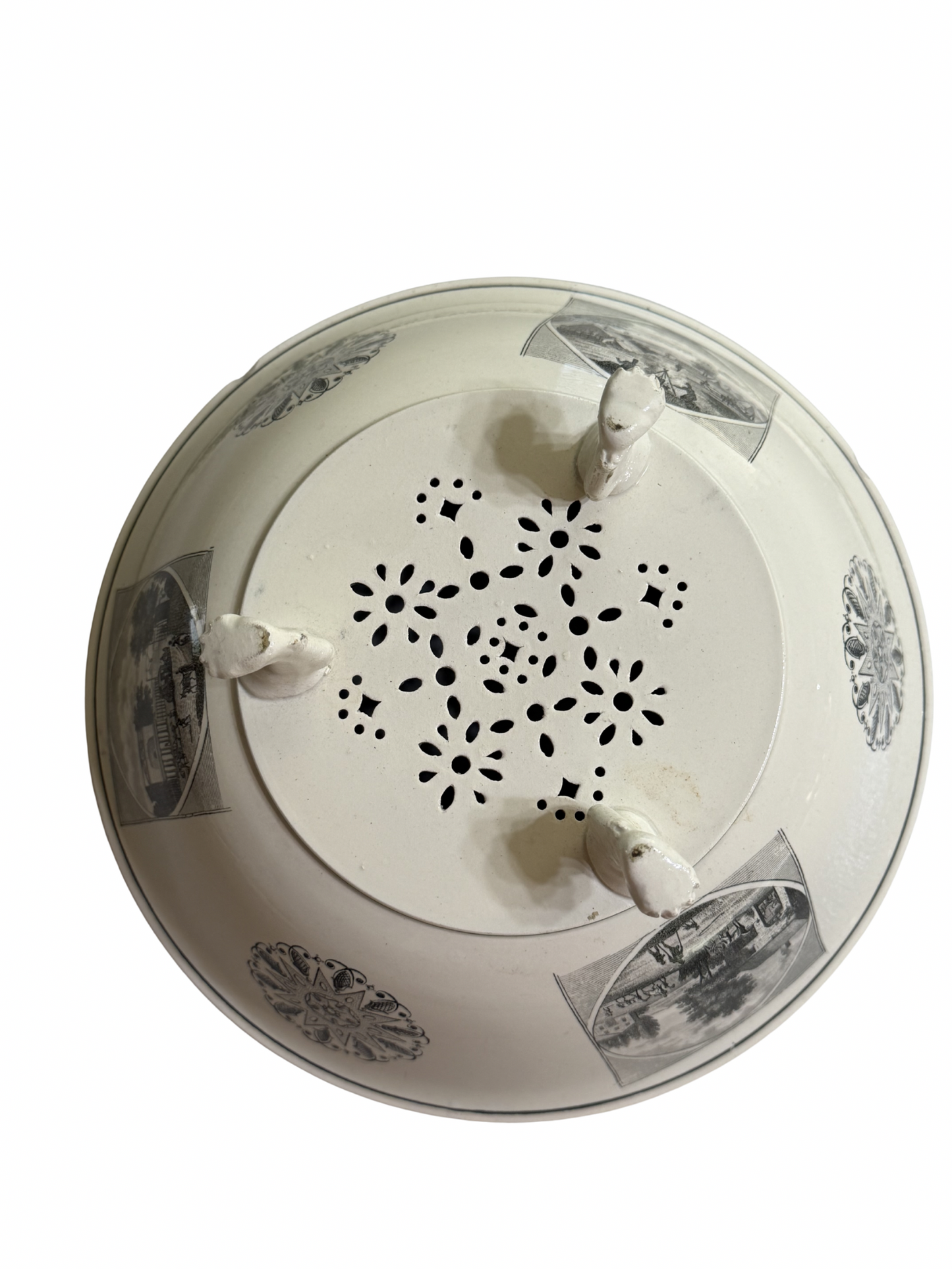 Rare Early 19th Century French Creil Black Transferware Footed Strainer | Pierced Creamware Colander