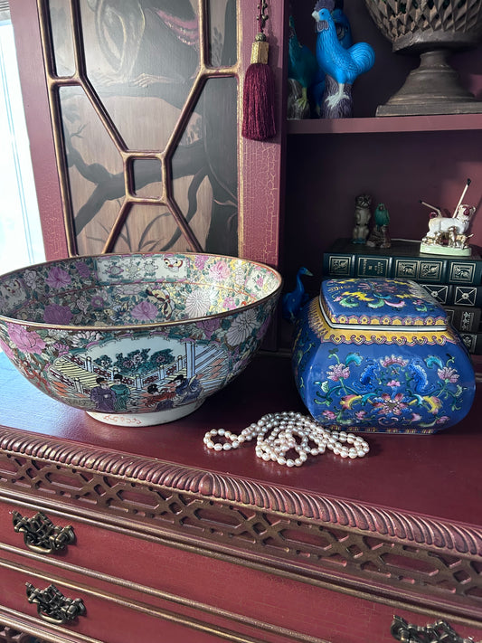 reserved Maria Rose Medallion Punch Bowl, Blue Chinoiserie jar, Pink Freshwater pear Necklace
