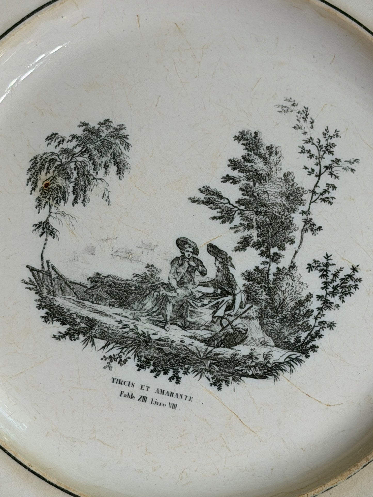 Set of Three Early 19th Century French Creil Black Transferware Fable Plates | 9.25"