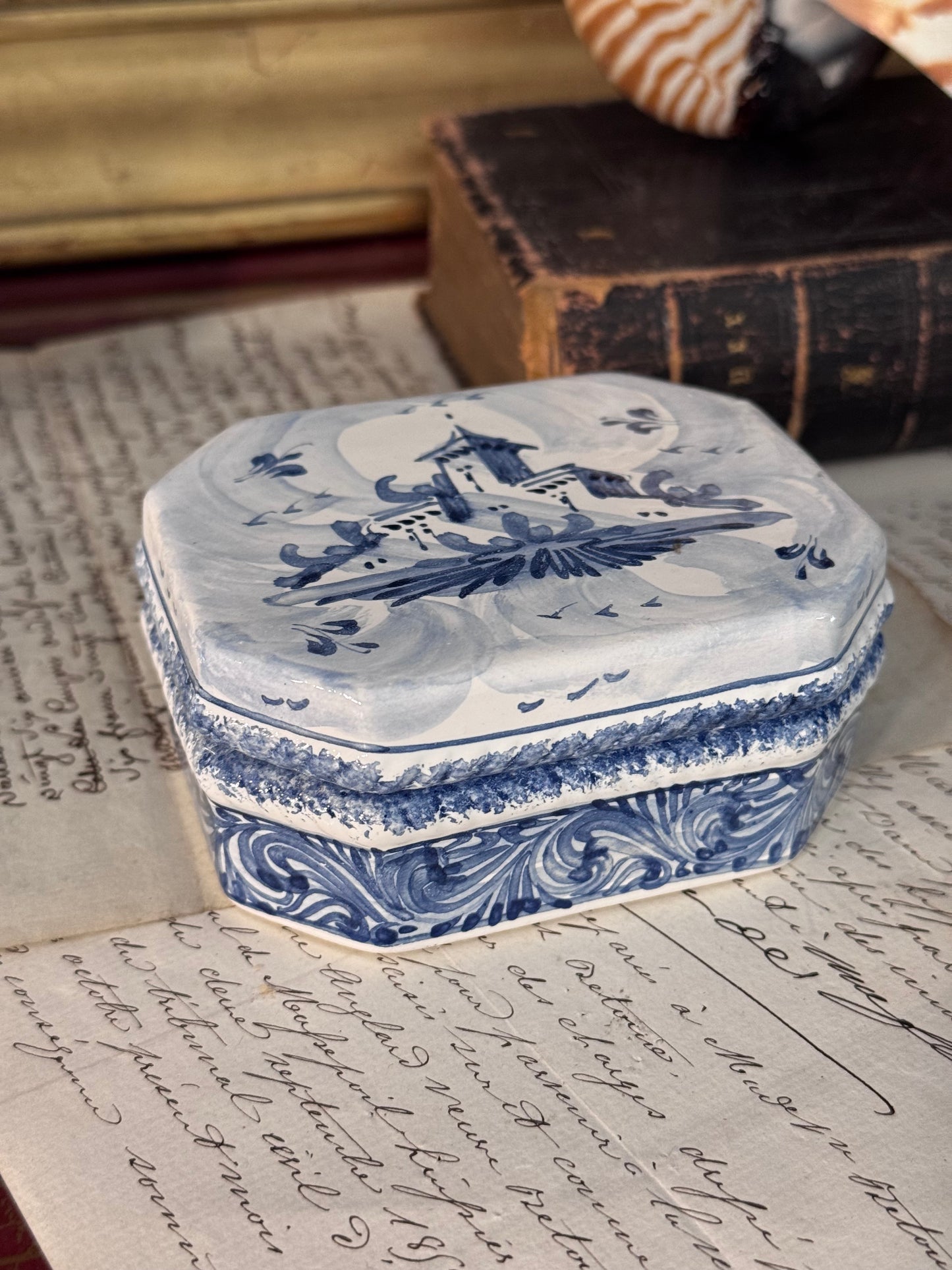 Hand-Painted Italian Blue and White Ceramic Keepsake Box