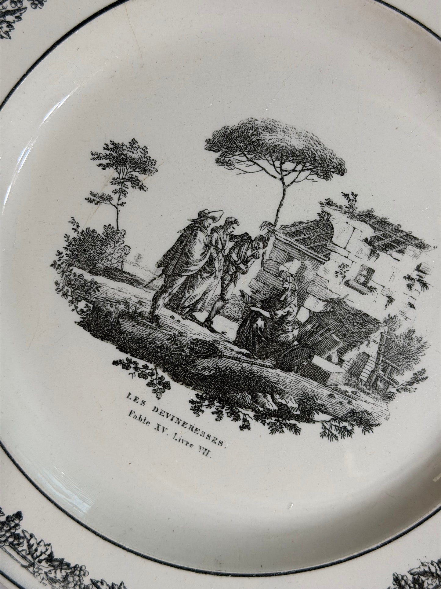 Early 19th Century French Creil Creamware Transferware Fable Plate | Les Devineresses | La Fontaine