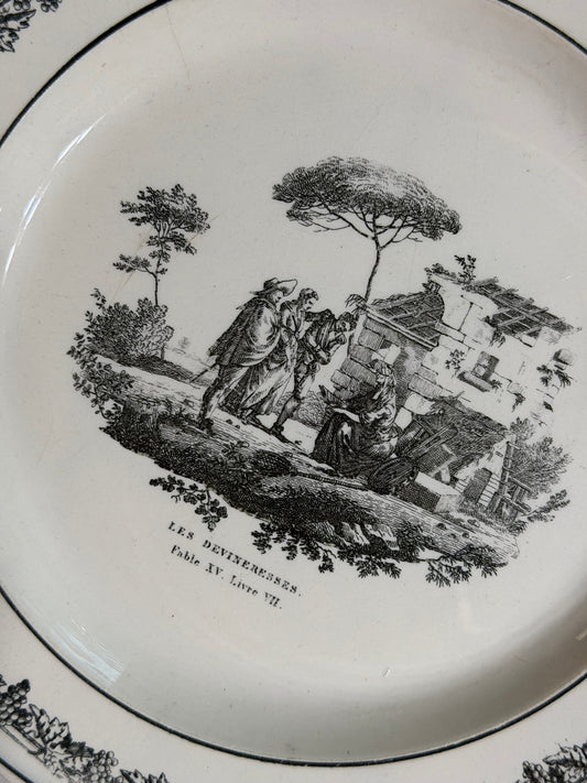 Early 19th Century French Creil Creamware Transferware Fable Plate | Les Devineresses | La Fontaine