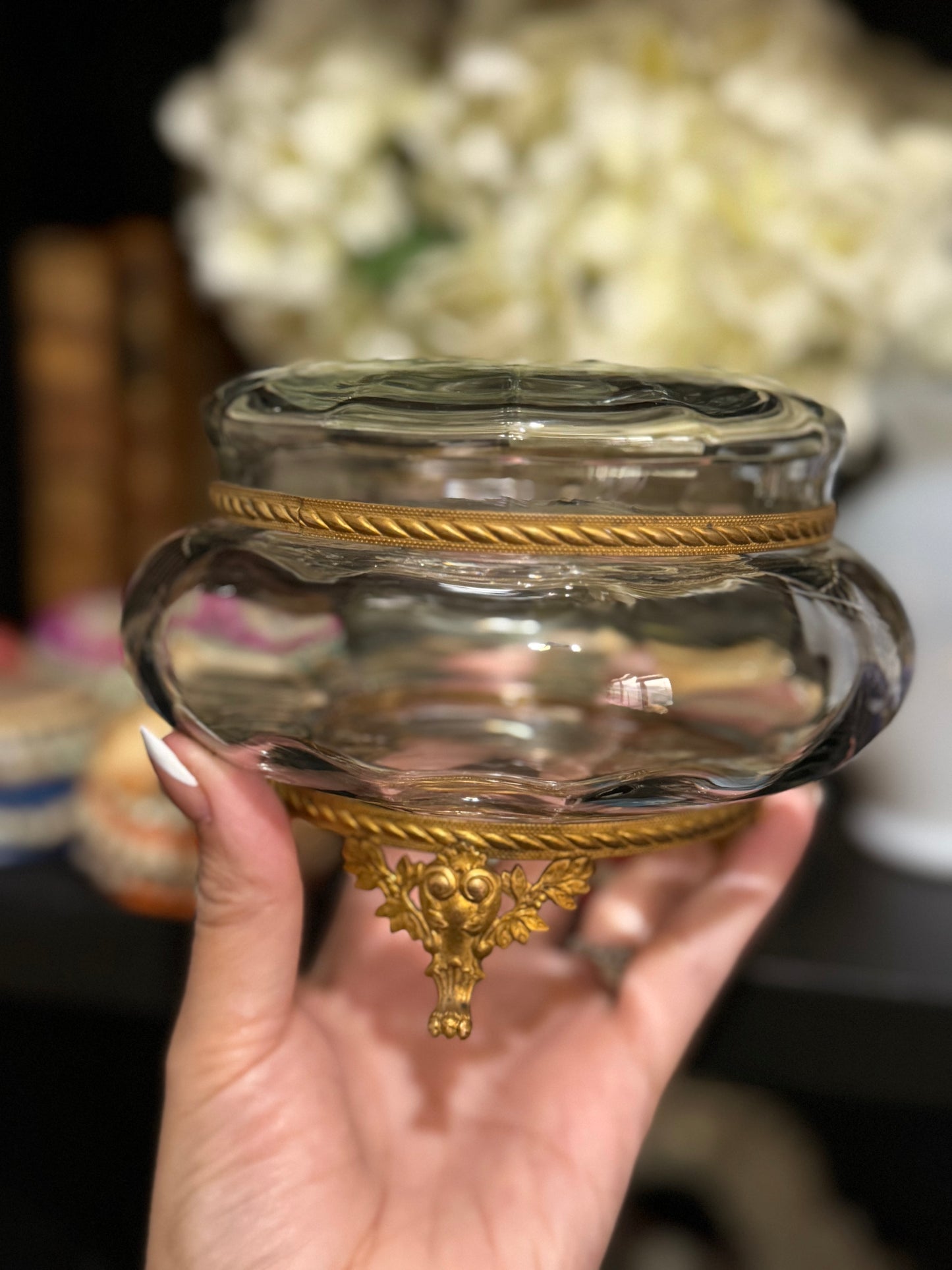 Reserved French Blown Glass and Bronze Dresser Box, Antique French Sampson Porcelain Compote, French Bronze Frame, Silver and MOP Wax Seal