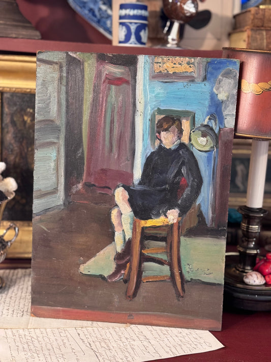 Paris Market Oil Painting of Seated Boy Interior Scene
