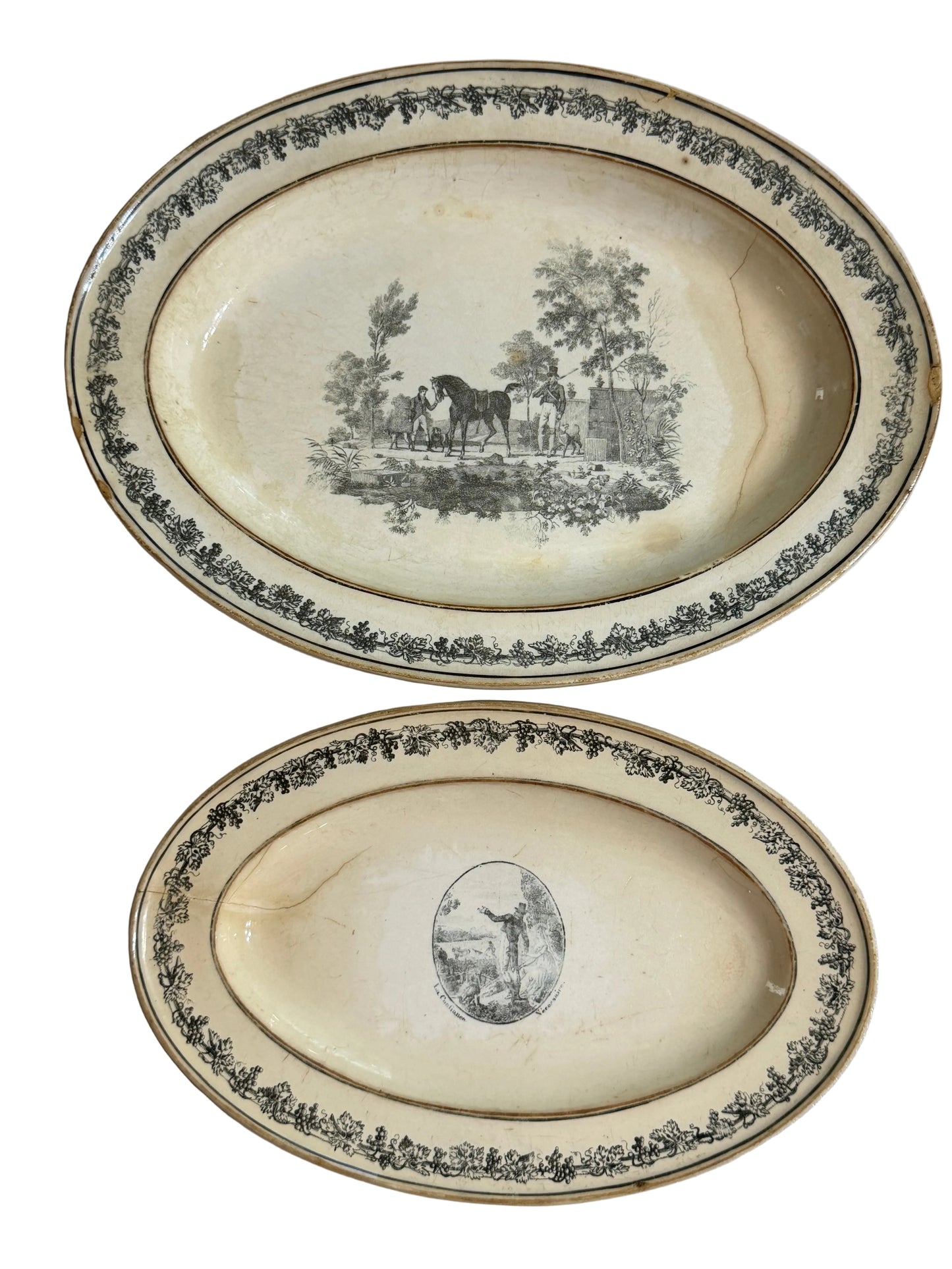 Pair of Antique French Creil Black Transferware Oval Platters, Hunt Scene & La Confidence, 12” & 9”