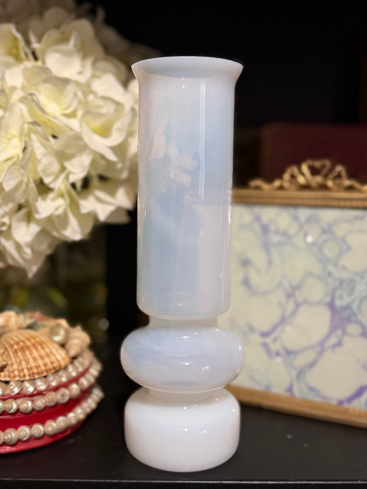 Reserved White Opaline Vase, Boule de Savon Bud Vase, Cartonnage Boom