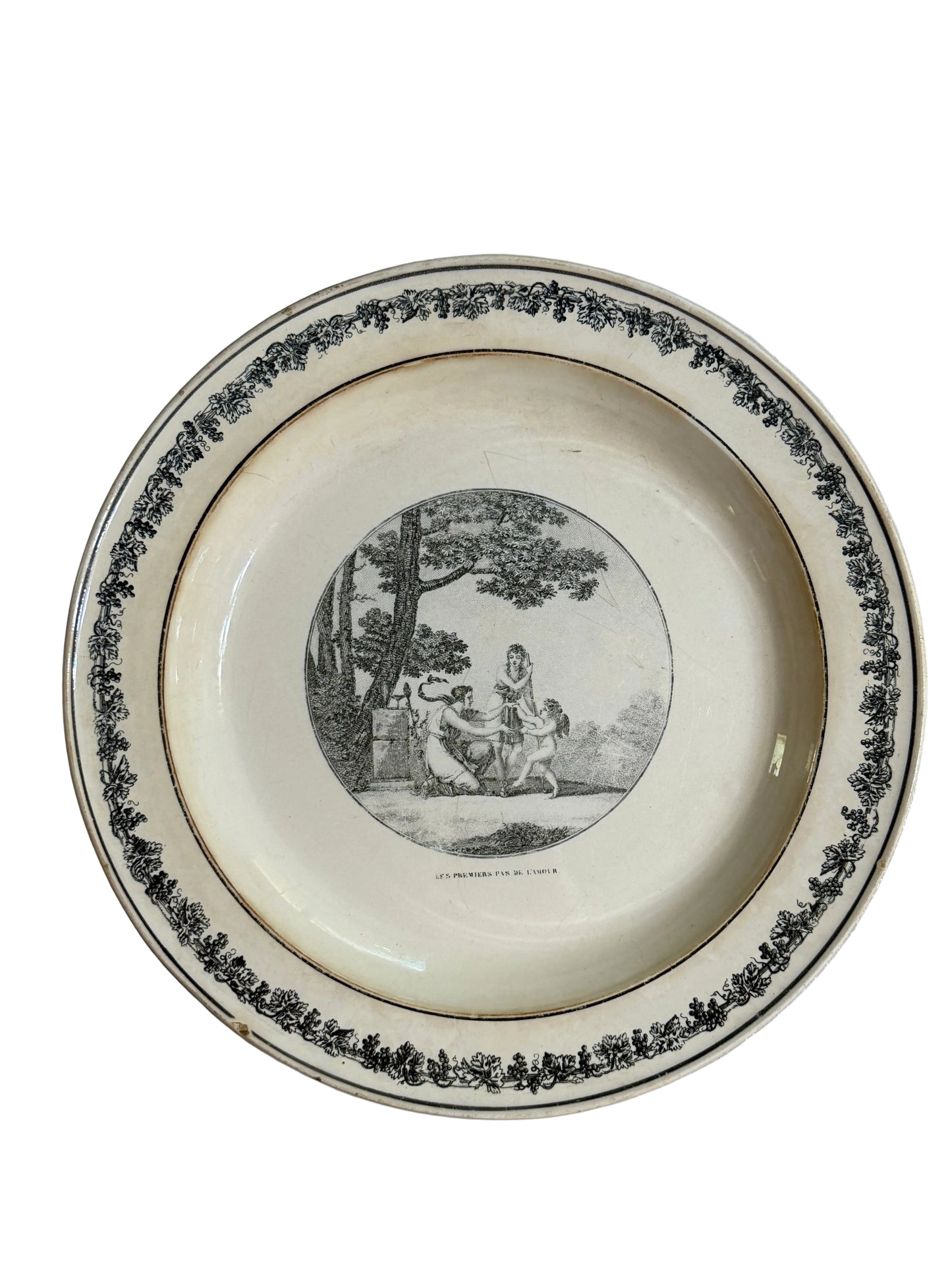 Antique French Creil Black Transferware Plate “Les Premiers Pas de l’Amour,” 11”