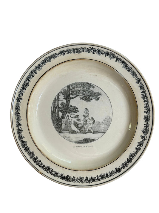 Antique French Creil Black Transferware Plate “Les Premiers Pas de l’Amour,” 11”