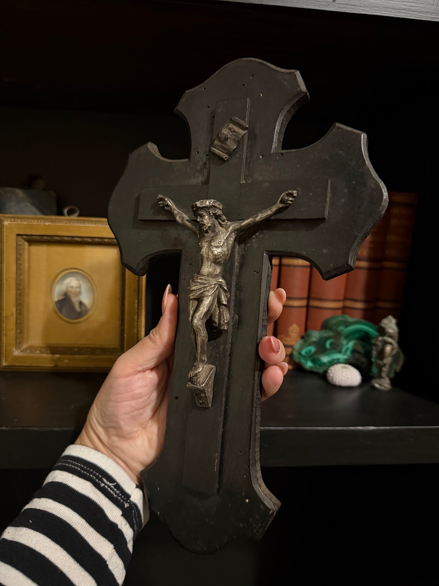 Early 19th Century French Provincial Carved Wood Crucifix with Metal Corpus 11.5”x7”