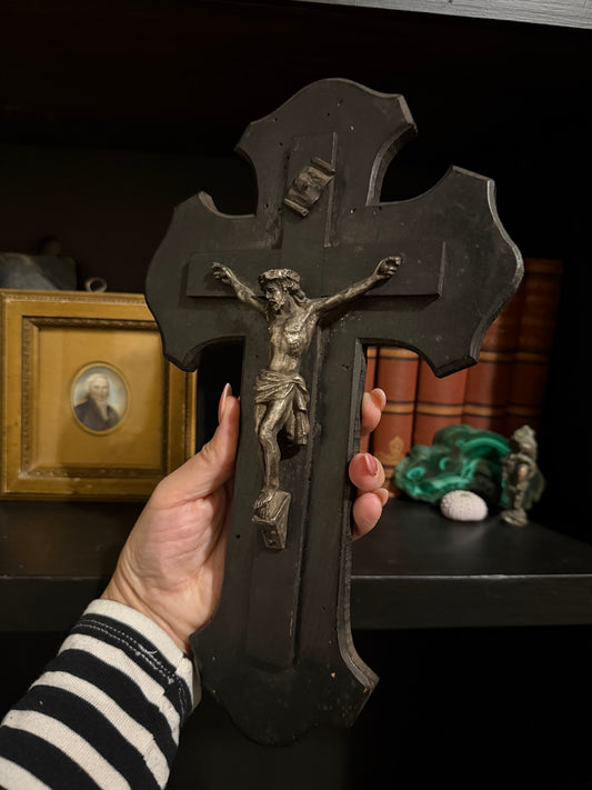 Early 19th Century French Provincial Carved Wood Crucifix with Metal Corpus 11.5”x7”