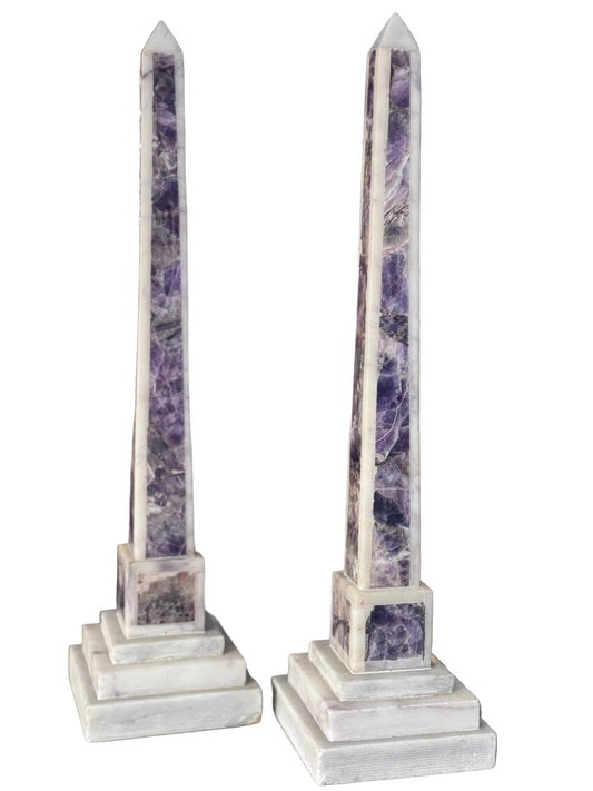 19th Century Italian Amethyst and White Marble Obelisks 16” Pair