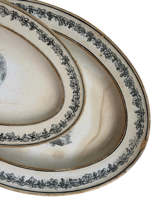 Pair of Antique French Creil Black Transferware Oval Platters, Hunt Scene & La Confidence, 12” & 9”