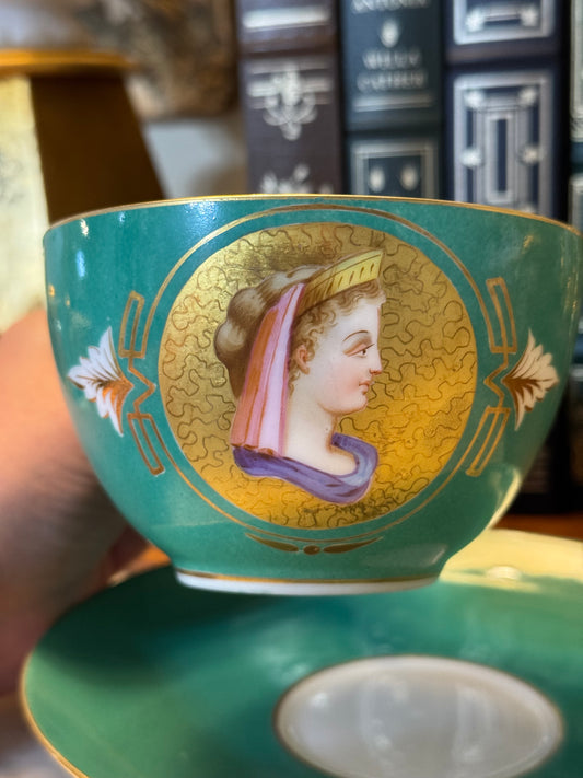 19th c. French Porcelain Green Ground Empire Portrait Cup and Saucer