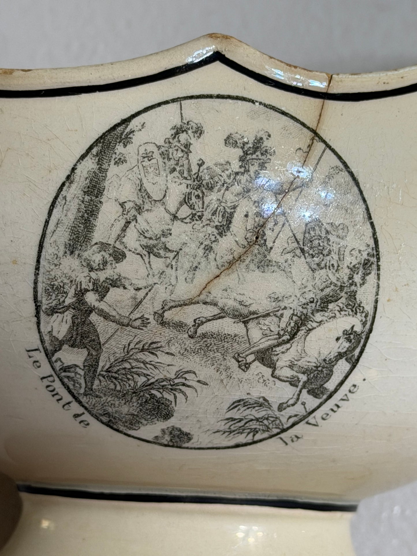 Early 19th Century French Creil Black Transfer Printed Creamware Sauce Boat | Historical & Fable Scenes