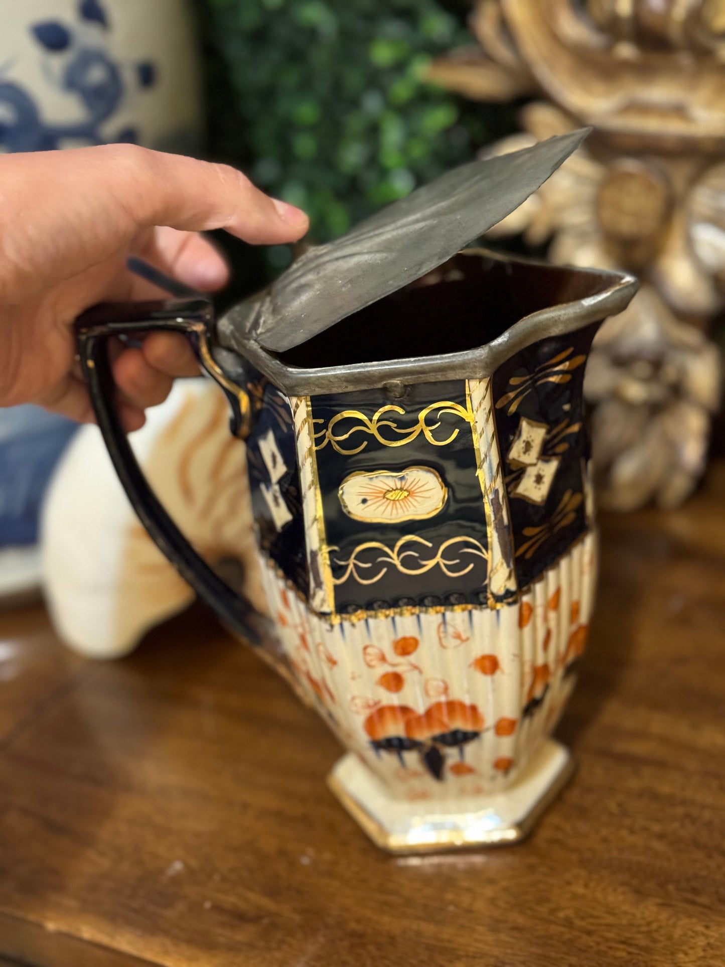 Antique English Enamel Over Copper Pitcher with Pewter Lid