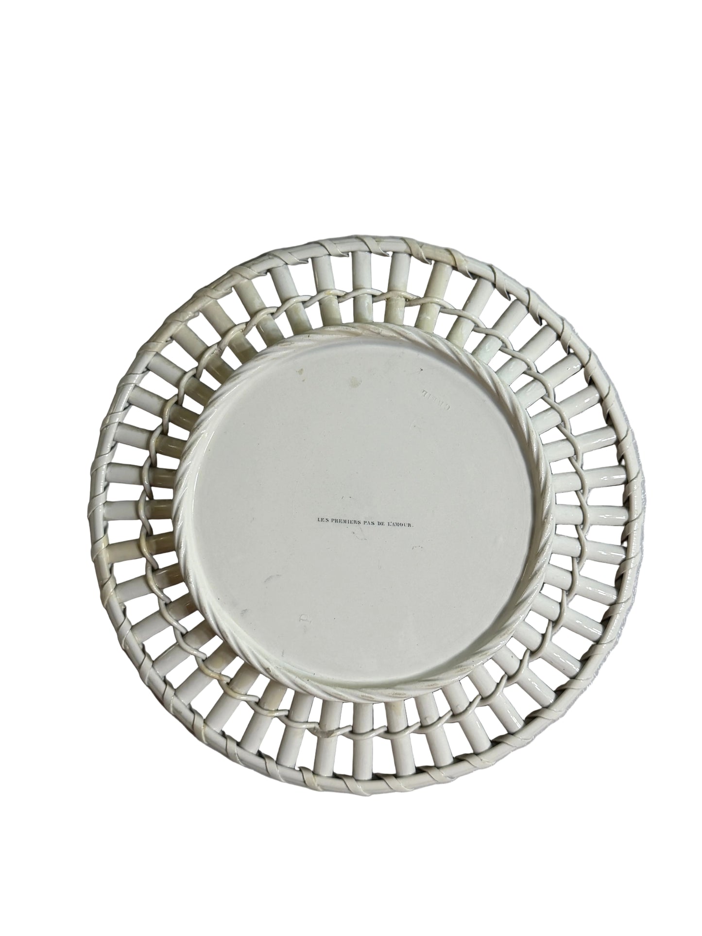 Rare Antique French Creil Basket Weave Black Transferware Plate “Les Premiers Pas de l’Amour,” 10”