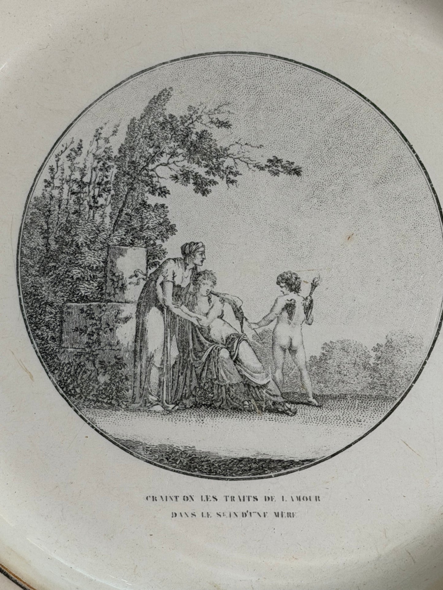 Antique French Creil Black Transferware Plate “Craint on les Traits de l’Amour dans le Sein d’une Mère,” 11”