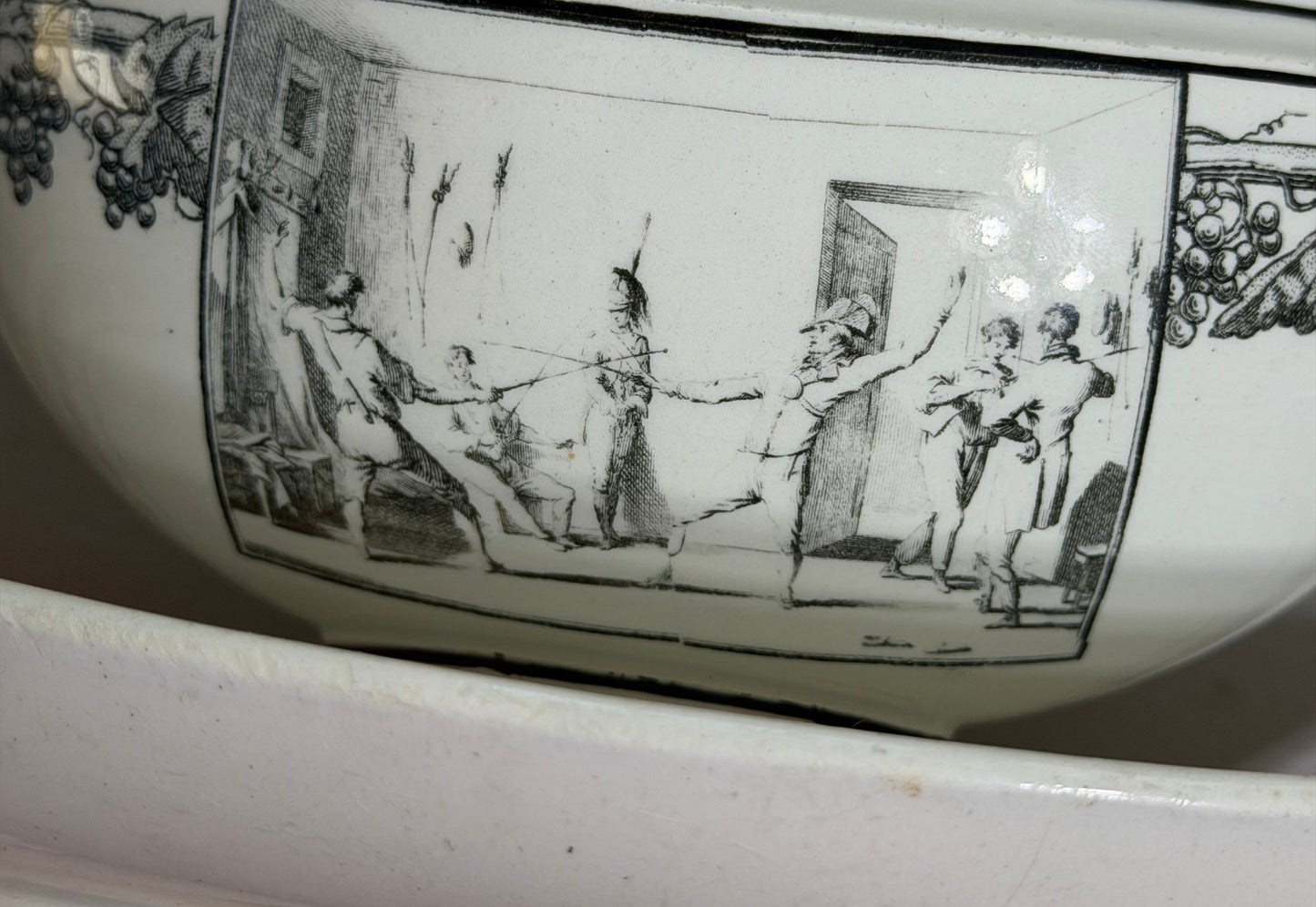 Antique French Creil Black Transferware Covered Sauce Tureen with Undertray, Genre Scenes, 10”